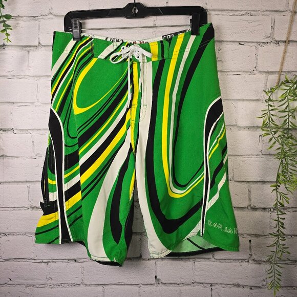 MENS RON JON SWIM SHORTS  BERMUDA LENGTH GREEN BLACK AND WHITE SIZE 30 - Picture 1 of 5